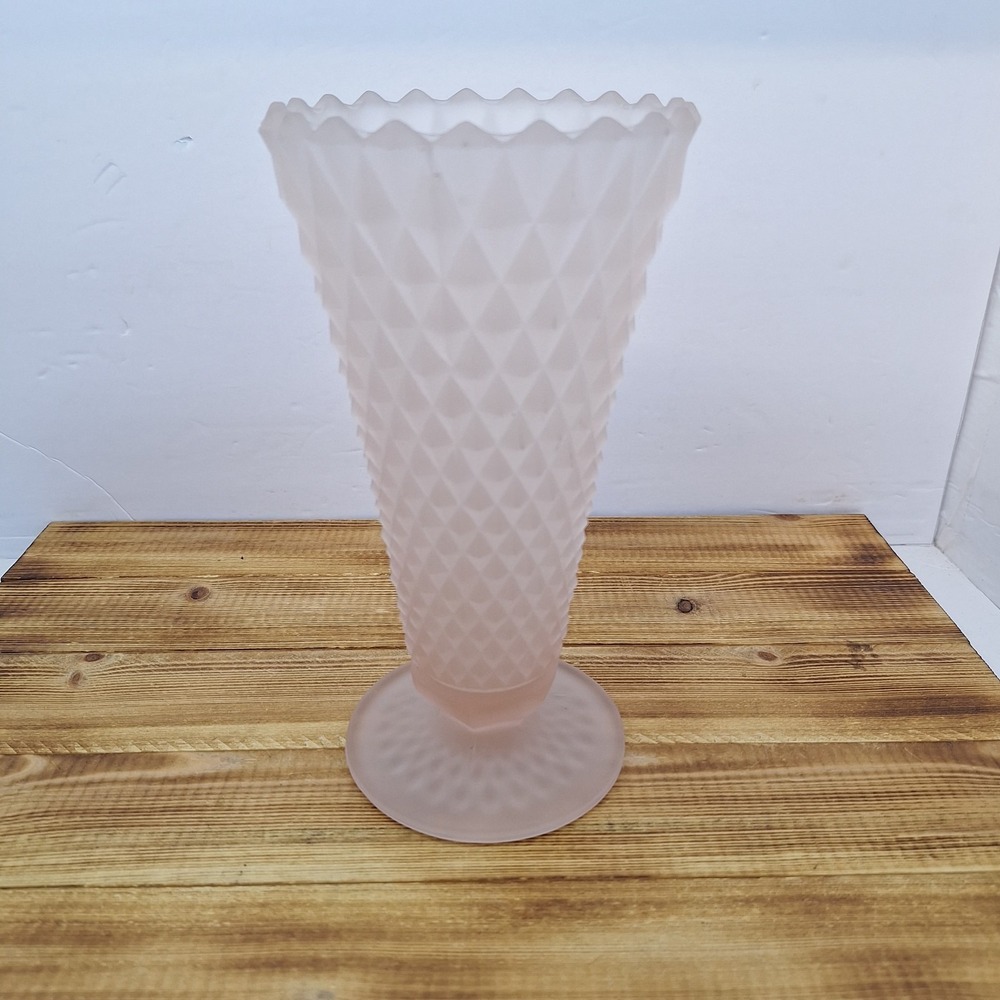 Indiana Glass Vintage Pink Satin Frosted Diamond Point 8" Vase